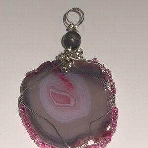 Pink Agate Wire-Wrapped Pendant Necklace